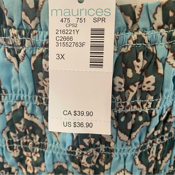 Maurices • Turquoise Medallion Print Smocked Puff Short Sleeve Top • Size 3X NWT - Picture 6 of 7